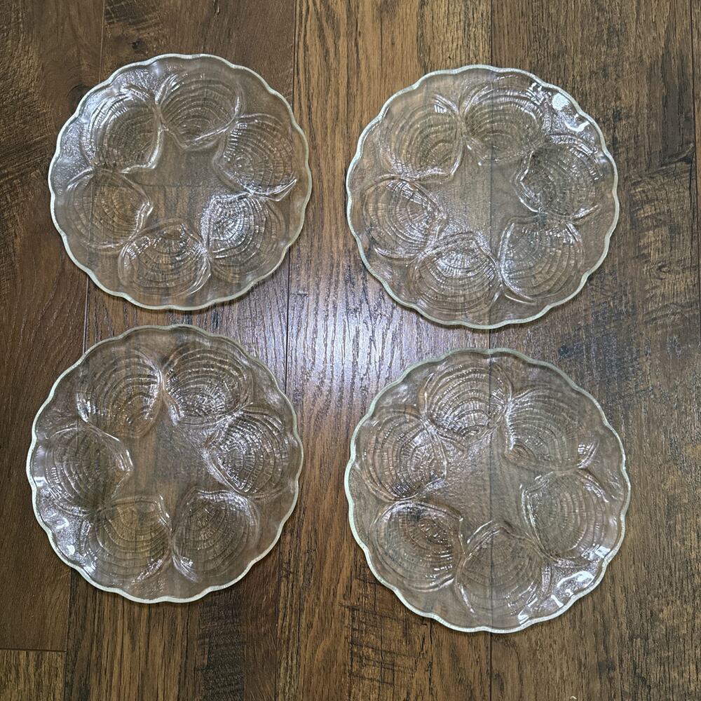 Toscany Clear Glass Oyster Decorative Plate 8” Half Dozen Oyster Motif Set 4 Vtg